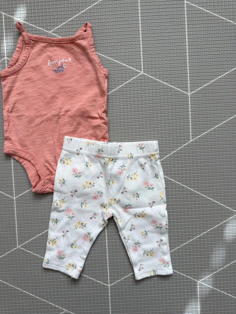 Carter's Coral 'bonjour' Tank Bodysuit with White Floral Leggings Set